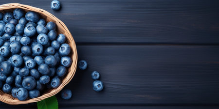 Ripe blueberries in a wicker bowl on a blue rustic wooden table. Flat lay shot. Harvesting and healthy nutrition and vitamins concept background with copy space. : Generative AIの素材