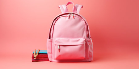 School backpack with stationery supplies on pink background : Generative AIの素材