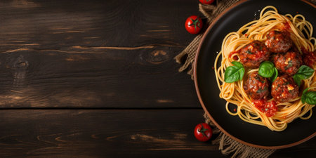 Italian pasta. Spaghetti with meatballs and parmesan cheese in black plate on dark rustic wood background. Dinner. Top view. Banner. Slow food concept : Generative AIの素材