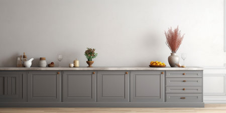 Front view of elegant interior with gray drawers under kitchen cabinet. empty wooden table and marble countertop in room. modern equipment for cooking. well organized spa : Generative AIの素材