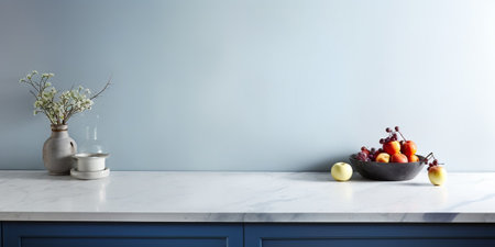 Copy space on white stone marble table top in modern minimalistic kitchen. empty countertop for cooking and eating food. blue furniture with provence decor in stylish int : Generative AIの素材