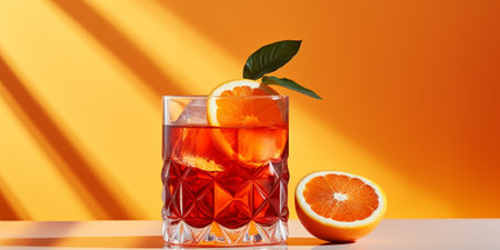 Glass of tasty Negroni cocktail on light background with space for text : Generative AIの素材