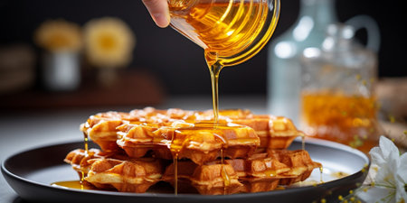 Pouring maple syrup into a plate of croffle. Mix of croissant and waffle which made using croissant dough molded in a waffle machine. Tea time situation in bright mood ba : Generative AIの素材