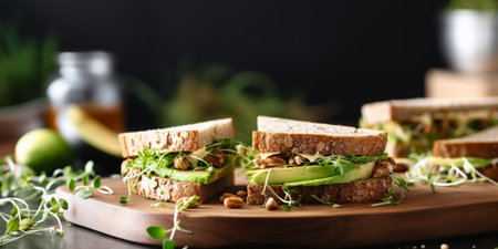 Close up of sandwiches with avocado in kitchen at home, copy space : Generative AIの素材