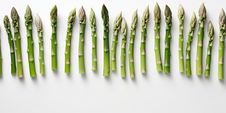 Top view crisp green asparagus on white table. Asparagus bundle in row. Vegetable pattern. Copy space. : Generative AIの素材