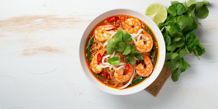 Laksa Shrimp bowl. glass noodle dish, top view, copy space. Asian Malaysian food with shrimps, bok choy, lime, ginger, and chili. Most variations of laksa are prepared wi : Generative AIの素材