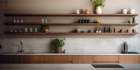 Interior of modern kitchen with shelves : Generative AIの素材