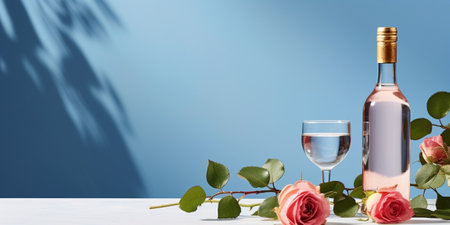 Spring holiday table setting with bottle of rose wine on blue background with eucalyptus leaves and shadows. Romantic summer holiday card with setting suitable for menu.  : Generative AIの素材