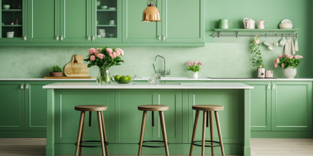 Vintage green kitchen. Green kitchen interior. Green color kitchen. Green color theme kitchen. : Generative AIの素材