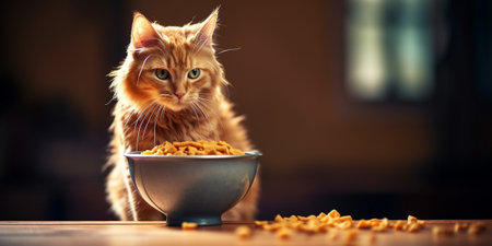 Ginger cat eating cat's food from a bowl. Banner, copy space. : Generative AIの素材