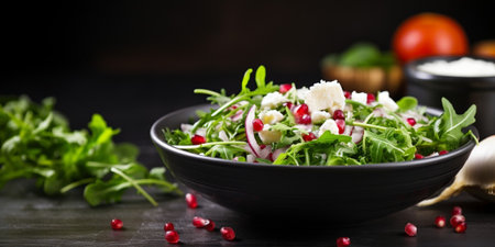 Fresh spring salad with rucola, feta cheese, red onion and pomegranate seeds in black bowl on chalkboard background with free text space. : Generative AIの素材