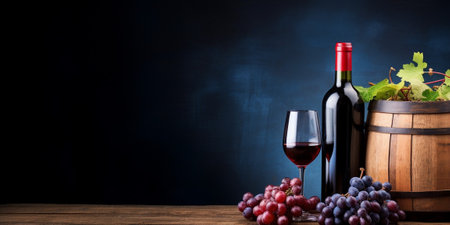 Wine bottle with red wine, wineglass and grapes on old wooden barrel in front of blue background with copy space : Generative AIの素材