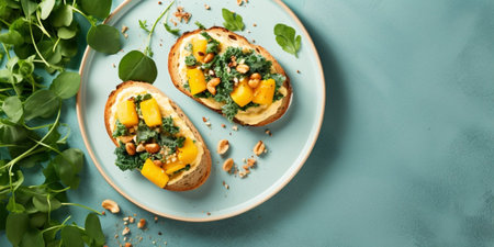 Vegan toasts with cashew cheese, mango and kale, top view, copy space. Alternative plant-based food, healthy dairy-free diet concept. : Generative AIの素材