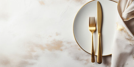 Plate with folded napkin and gold cutlery on grunge white background : Generative AIの素材