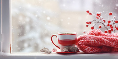 Winter background - cup with candy cane, woolen scarf and gloves on windowsill and winter scene outdoors. Still life with concept of spending winter time at cozy home wit : Generative AIの素材