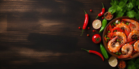 shrimp spicy prawn seafood meal vegetarian food pescetarian diet Asian Cooking snack copy space food background rustic. top view : Generative AIの素材