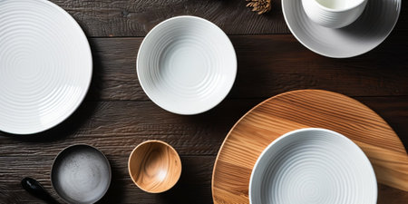 Modern ceramic and wooden crockery, trendy tableware, close-up. Dishes for serving and eating meals on a wooden background, top view. : Generative AIの素材