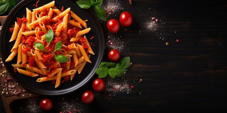 Top view plate Penne All'arrabbiata pasta cooked according to a traditional Italian recipe with copy space : Generative AIの素材