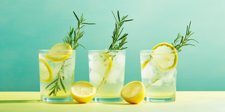 Summer refreshing non-alcoholic cocktails. Lemonade garnished with fresh rosemary. Summer beverage with sparkling water and lemon slices. : Generative AIの素材