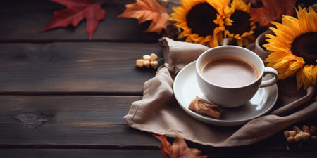 Thanksgiving Food concept. Autumn Table Setting with Plate, Tea cup, pumpkins, Sunflower and Warm Plaid or Sweater, comfort and cozy brick wood home background copy space : Generative AIの素材