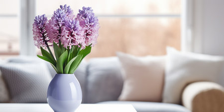 Vase with beautiful hyacinth flowers on table in living room : Generative AIの素材