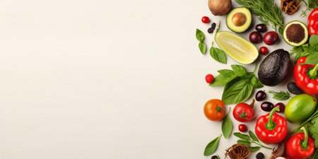 Organic food background and Copy space. Food photography different fruits and vegetables isolated white background. High resolution product : Generative AIの素材