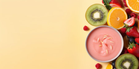 Healthy fruit smoothie bowl in a pineapple with with coconut, kiwi, berries and oranges. Top view on a pastel pink background. Copy space. : Generative AIの素材