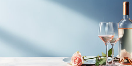 Spring holiday table setting with bottle of rose wine on blue background with eucalyptus leaves and shadows. Romantic summer holiday card with setting suitable for menu.  : Generative AIの素材