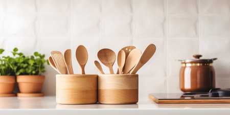 close-up view of wooden cooking utensils and cookware on table in kitchen : Generative AIの素材