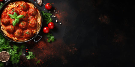 Spaghetti pasta with meatballs in tomato sauce with parsley in frying pan, dark table background, top view. Banner, copy space : Generative AIの素材