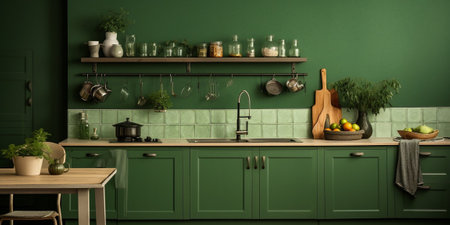 Vintage green kitchen. Green kitchen interior. Green color kitchen. Green color theme kitchen. : Generative AIの素材
