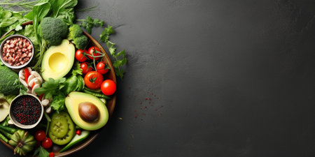 Vegan/vegetarian dinner background. Vegetable salad, sandwiches, fresh green smoothie. Healthy eating concept. Detox diet/plan. Space for text. Top view. Vegetarian lunch : Generative AIの素材