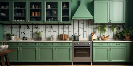 Vintage green kitchen. Green kitchen interior. Green color kitchen. Green color theme kitchen. : Generative AIの素材