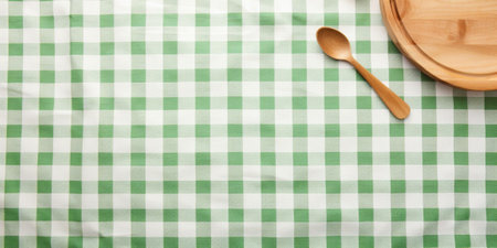 White wooden table covered with green tablecloth and cooking utensils. View from top. Empty tablecloth for product montage. Free space for your text : Generative AIの素材