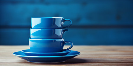 blue tea cups are stacked on a stack of saucers. Everyday tableware. Close-up : Generative AIの素材