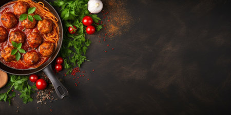 Spaghetti pasta with meatballs in tomato sauce with parsley in frying pan, dark table background, top view. Banner, copy space : Generative AIの素材