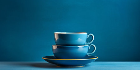 blue tea cups are stacked on a stack of saucers. Everyday tableware. Close-up : Generative AIの素材