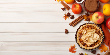 Selection of homemade autumn pies. Pumpkin, apple and pecan. Above view corner border on a white wood background with copy space. : Generative AIの素材
