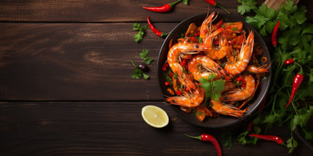 shrimp spicy prawn seafood meal vegetarian food pescetarian diet Asian Cooking snack copy space food background rustic. top view : Generative AIの素材