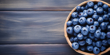 Ripe blueberries in a wicker bowl on a blue rustic wooden table. Flat lay shot. Harvesting and healthy nutrition and vitamins concept background with copy space. : Generative AIの素材