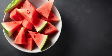 Triangular pieces of watermelon in a white bowl on a gray background. Top view. Fruit snack. Copy Space : Generative AIの素材