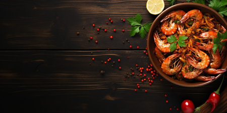 shrimp spicy prawn seafood meal vegetarian food pescetarian diet Asian Cooking snack copy space food background rustic. top view : Generative AIの素材