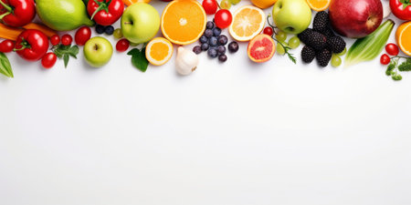 Organic food background and Copy space. Food photography different fruits and vegetables isolated white background. High resolution product : Generative AIの素材
