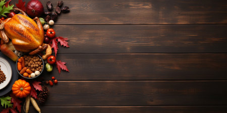 Traditional Thanksgiving turkey dinner. Top view double border on a dark wood banner background with copy space. Turkey, mashed potatoes, dressing, pumpkin pie and sides. : Generative AIの素材