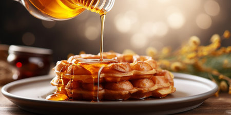 Pouring maple syrup into a plate of croffle. Mix of croissant and waffle which made using croissant dough molded in a waffle machine. Tea time situation in bright mood ba : Generative AIの素材