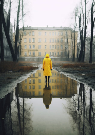 Back view of unrecognizable female model makes photo on smartphone captures beautiful view in screen wears yellow raincoat takes pictures for sharing impressions about jo : Generative AIの素材