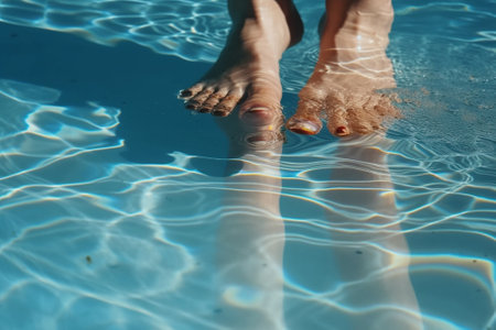 Cropped shot of woman expecting child refreshing herself sitting at swimming pool with legs underwater Beautiful pregnant female in blue dress holding hands on her tummy  : Generative AIの素材