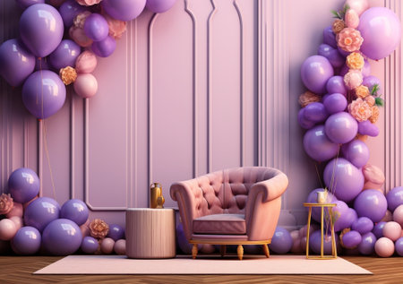 Happy childhood and celebration concept Redhead family of father and two daughters wear crowns spend free time on party hold air balloon prepare surprise to mother isolat : Generative AIの素材