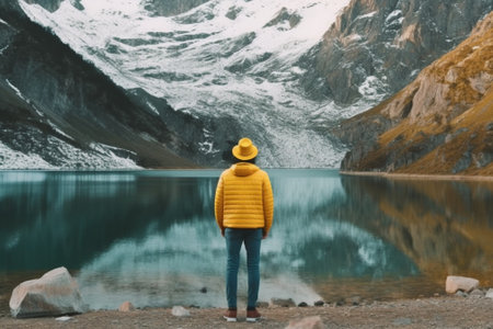 Outdoor view of thoughtful restful woman stands near calm lake with mountain reflection has tourist backpack wears yellow raincoat stands against turquoise water at shore : Generative AIの素材