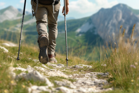 Mountaineering climbing and hiking concept Unrecognizable tourist holding trekking poles having rest on top of hill with dry grass and looking at beautiful scenery of sum : Generative AIの素材